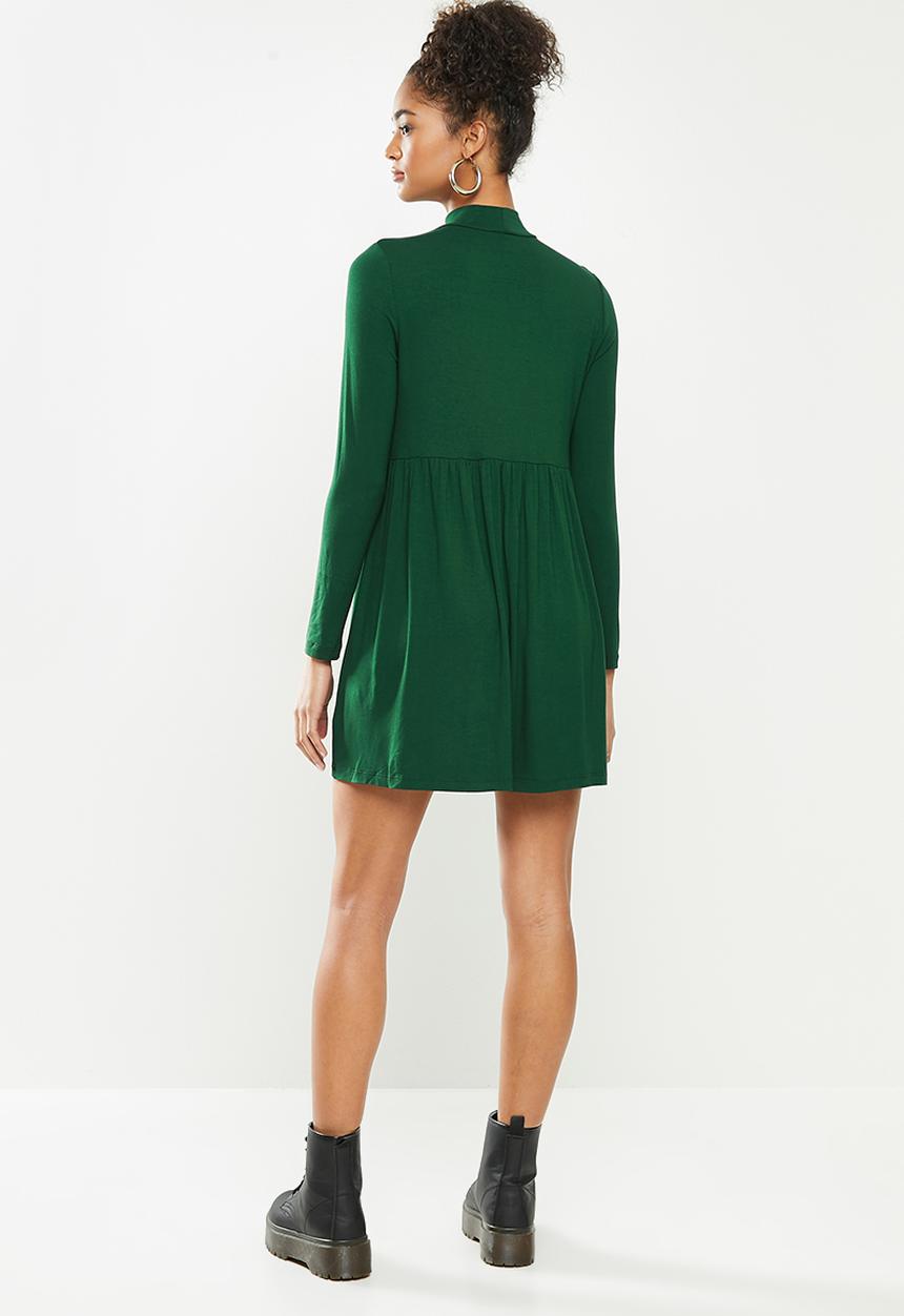 Blake - Long sleeve babydoll mini dress with turtleneck - emerald