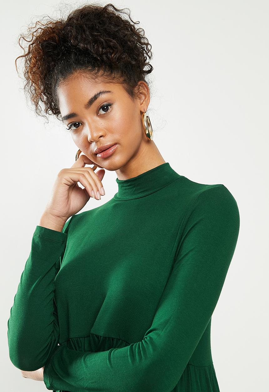 Blake - Long sleeve babydoll mini dress with turtleneck - emerald