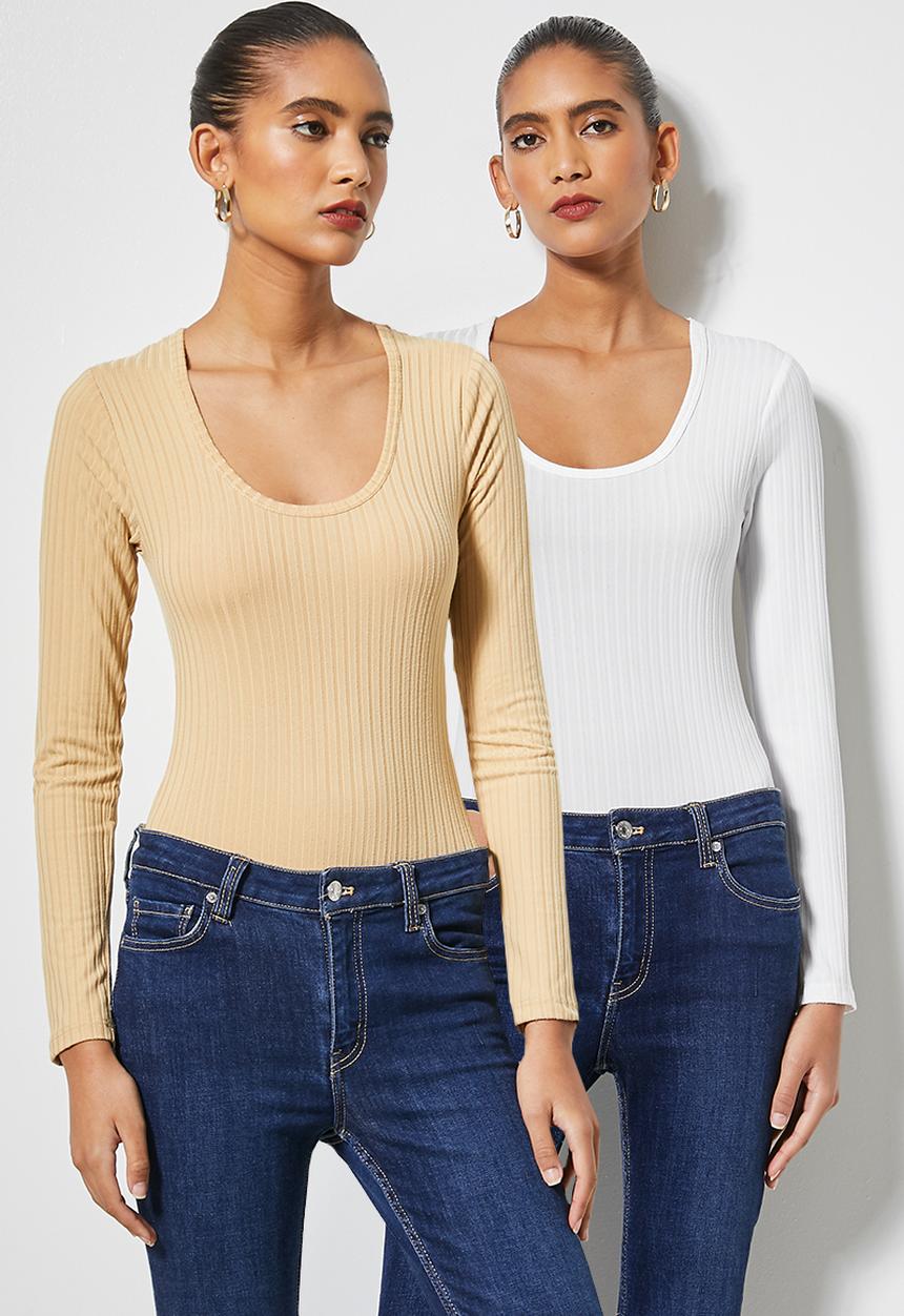 Superbalist - Wide rib 2 pack scoop neck bodysuit - tan & milk