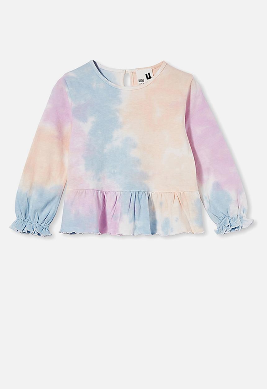 Cotton On - Bridget long sleeve frill top - aqua rainbow tie dye