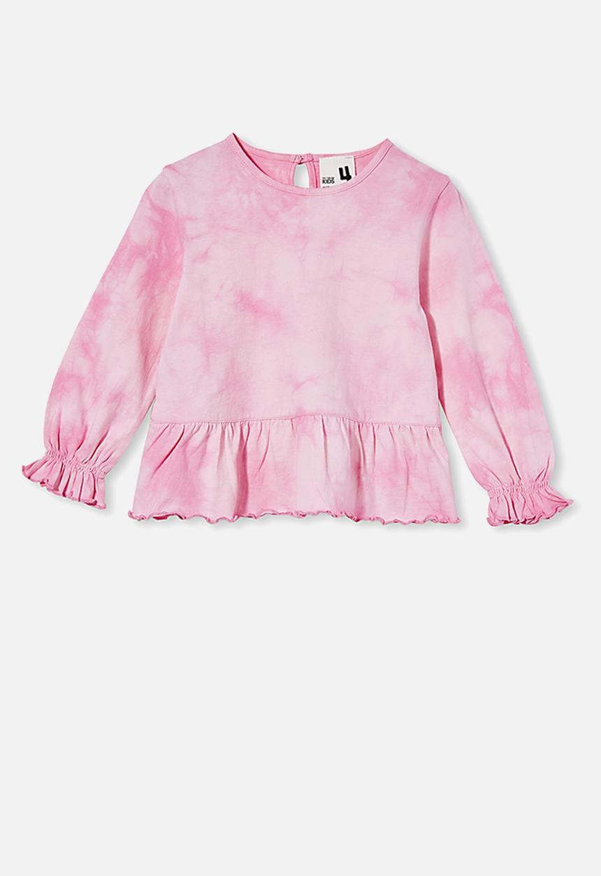 Cotton On - Bridget long sleeve frill top - pink gerbera/ tie dye