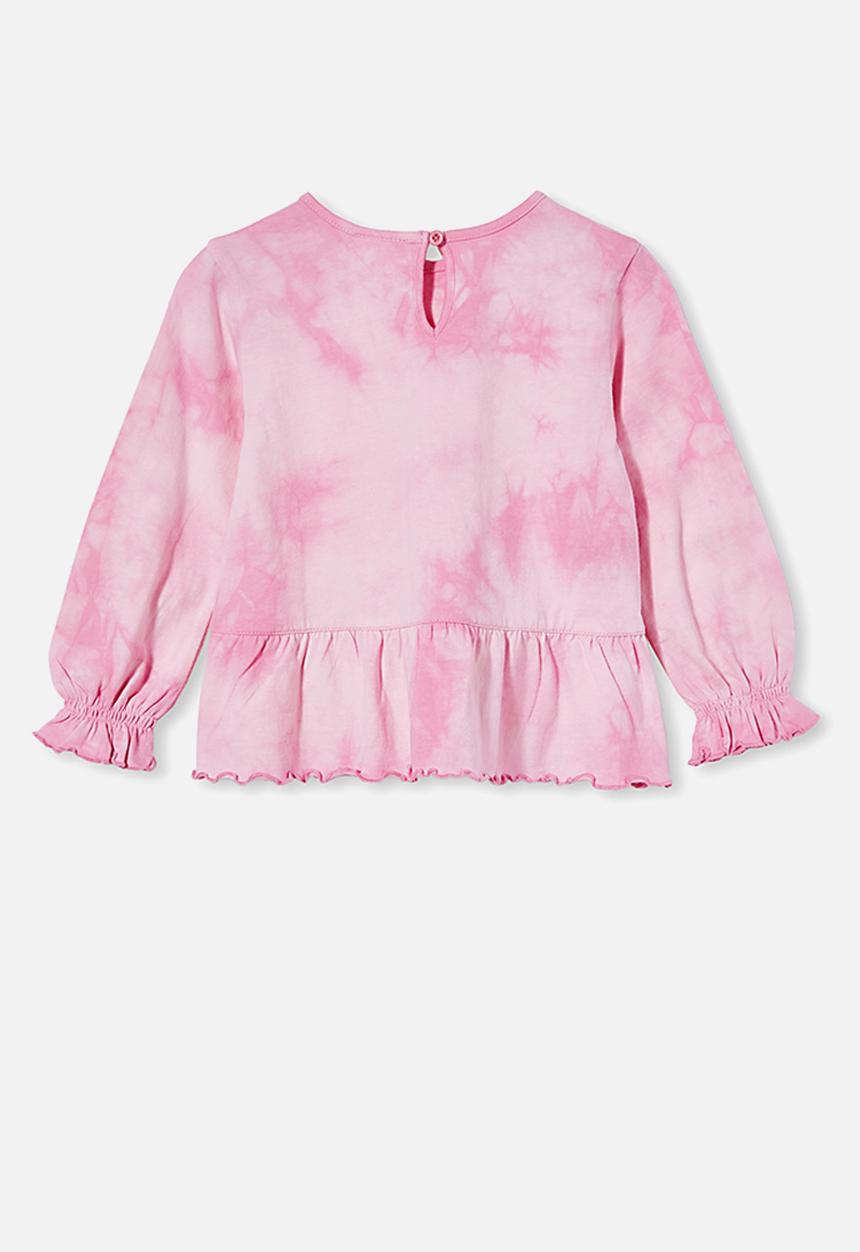 Cotton On - Bridget long sleeve frill top - pink gerbera/ tie dye
