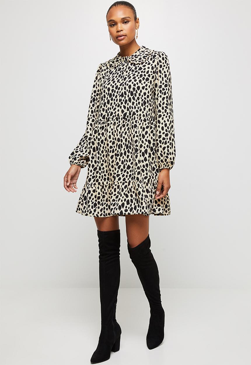 MILLA - Collared drop waisted mini dress - neutral & black