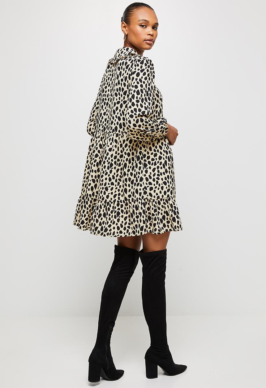 MILLA - Collared drop waisted mini dress - neutral & black