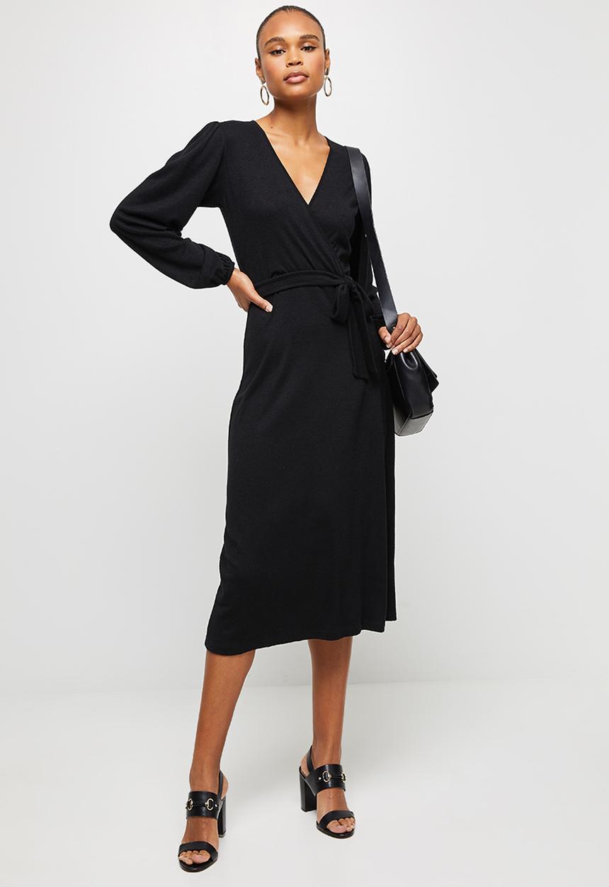 edit - Warm handle balloon sleeve wrap dress - black