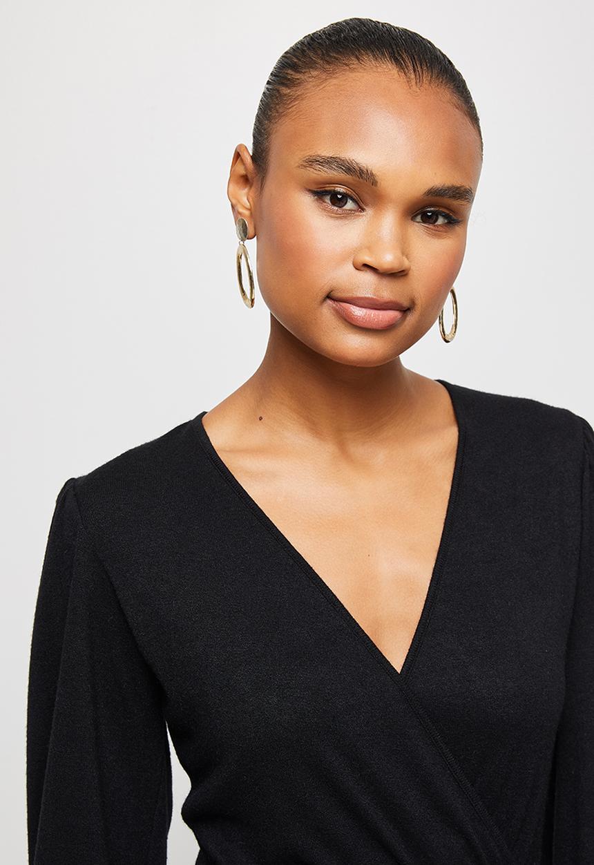 edit - Warm handle balloon sleeve wrap dress - black