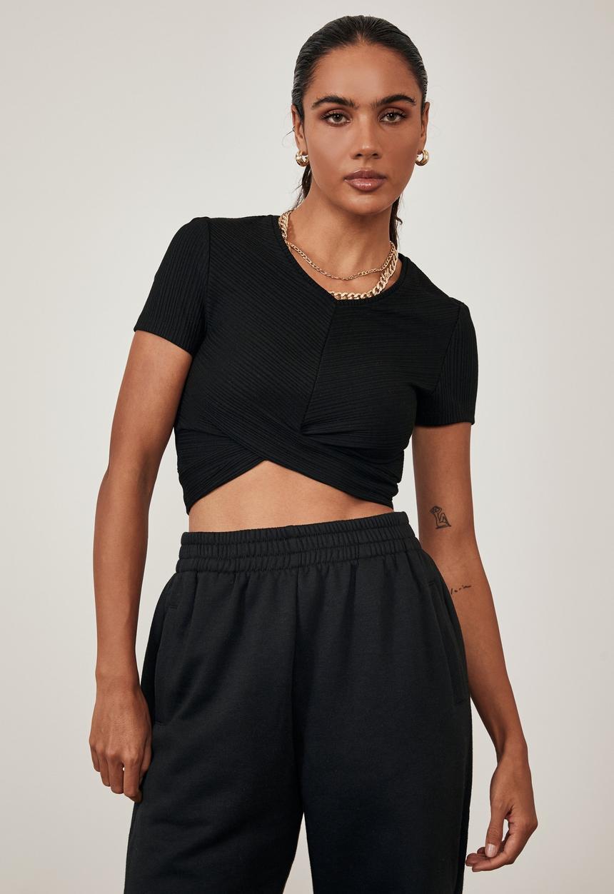 Factorie - Short sleeve twist front top - black