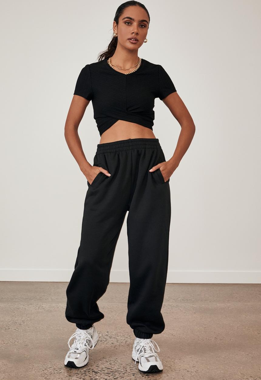 Factorie - Short sleeve twist front top - black
