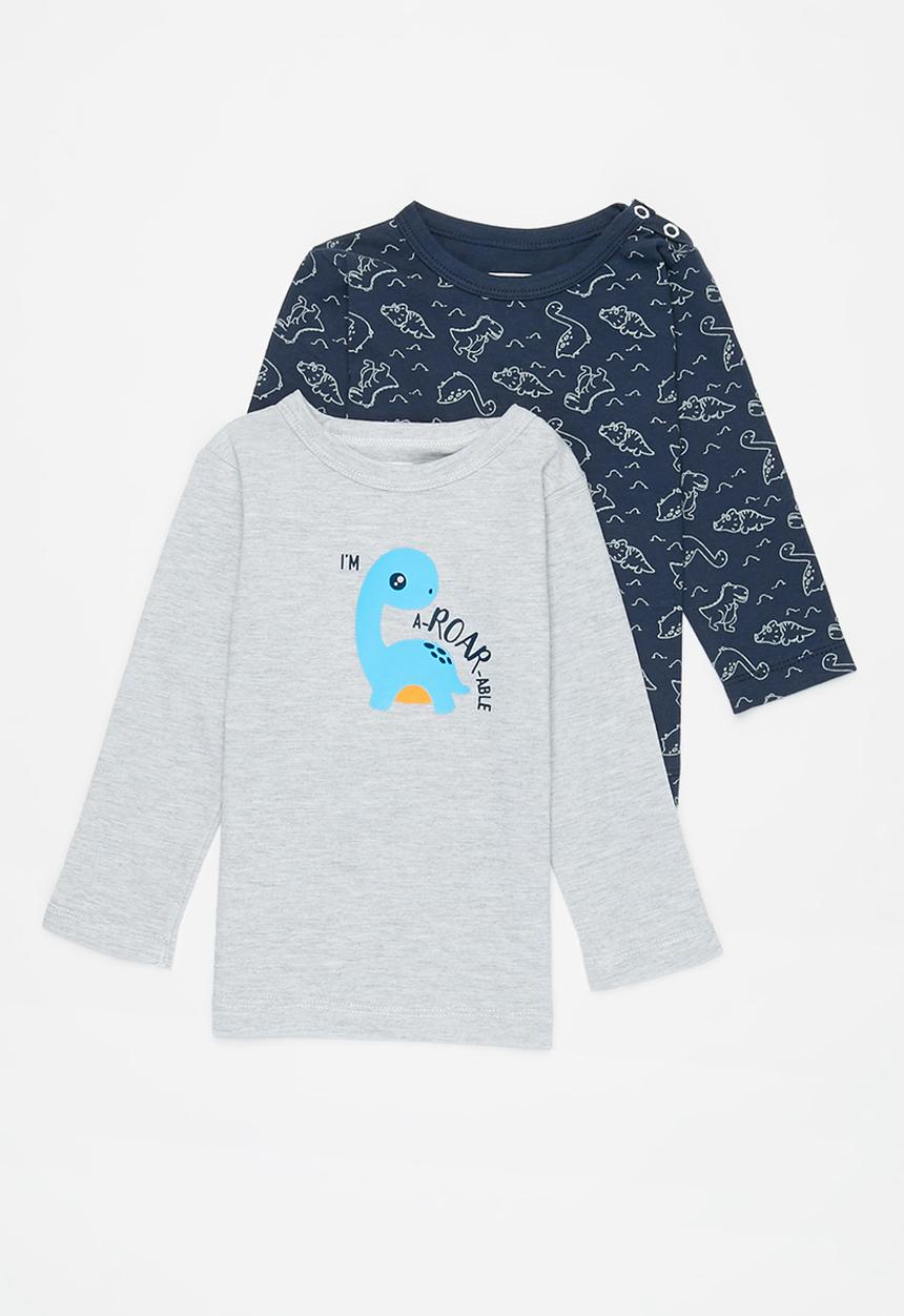 Pop Candy - 2 Pack long sleeve dino tee - grey & navy 