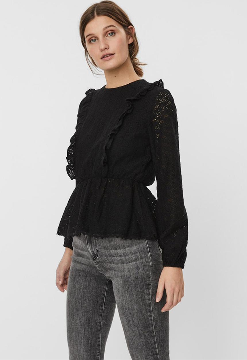 Vero Moda - Henny lace long sleeve peplum top - black