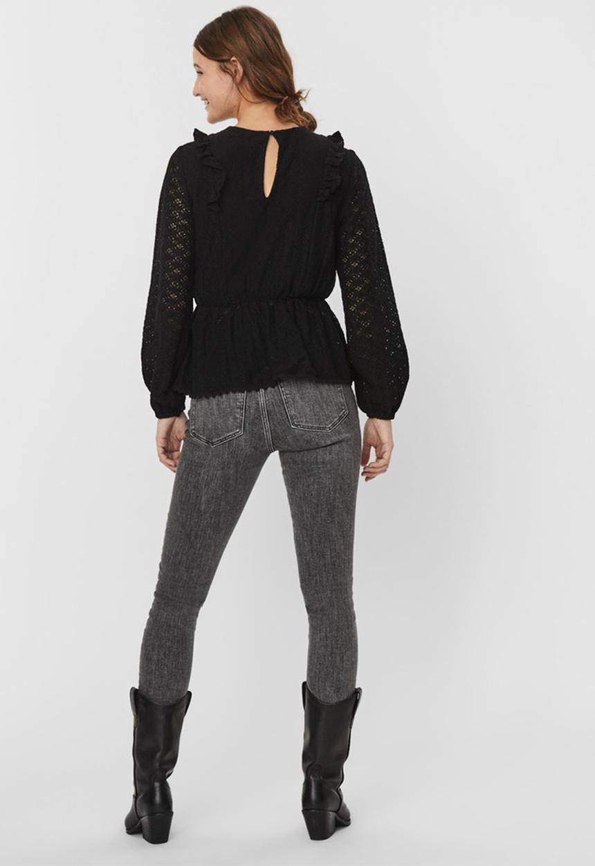 Vero Moda - Henny lace long sleeve peplum top - black