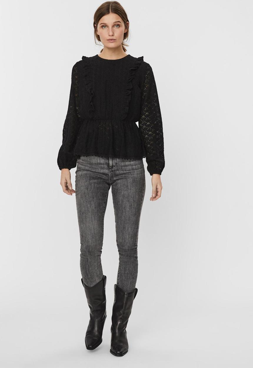 Vero Moda - Henny lace long sleeve peplum top - black