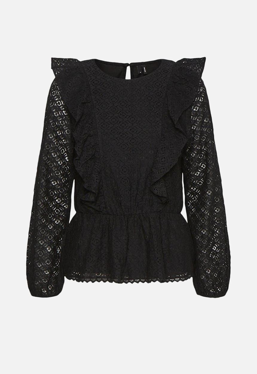 Vero Moda - Henny lace long sleeve peplum top - black