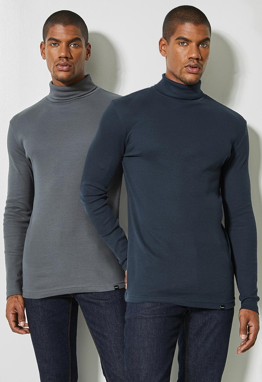 Superbalist - 2 Pack slim ribbed roll neck long sleeve tee - navy & grey 