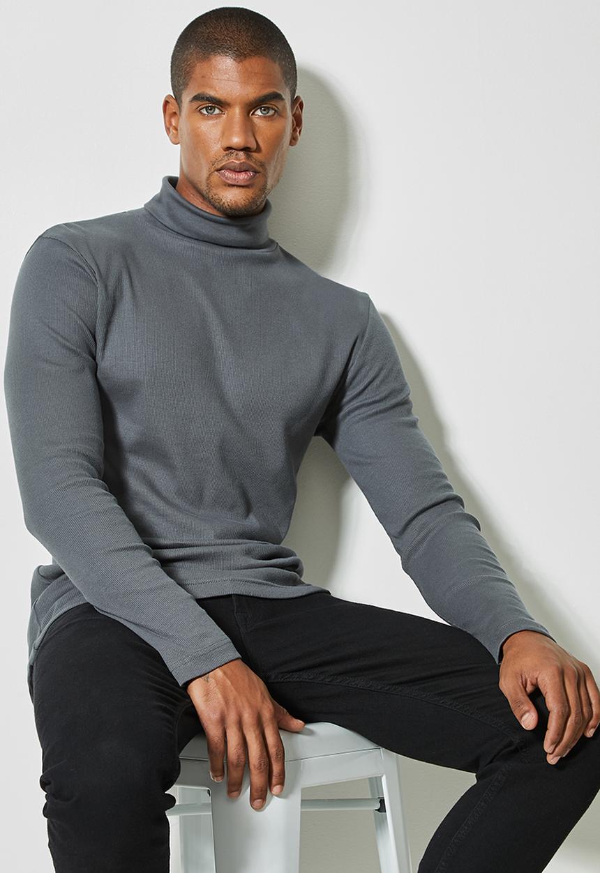 Superbalist - Slim ribbed roll neck long sleeve tee - dark grey 