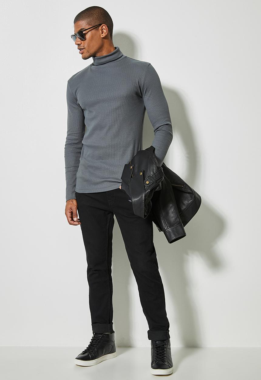 Superbalist - Slim ribbed roll neck long sleeve tee - dark grey 