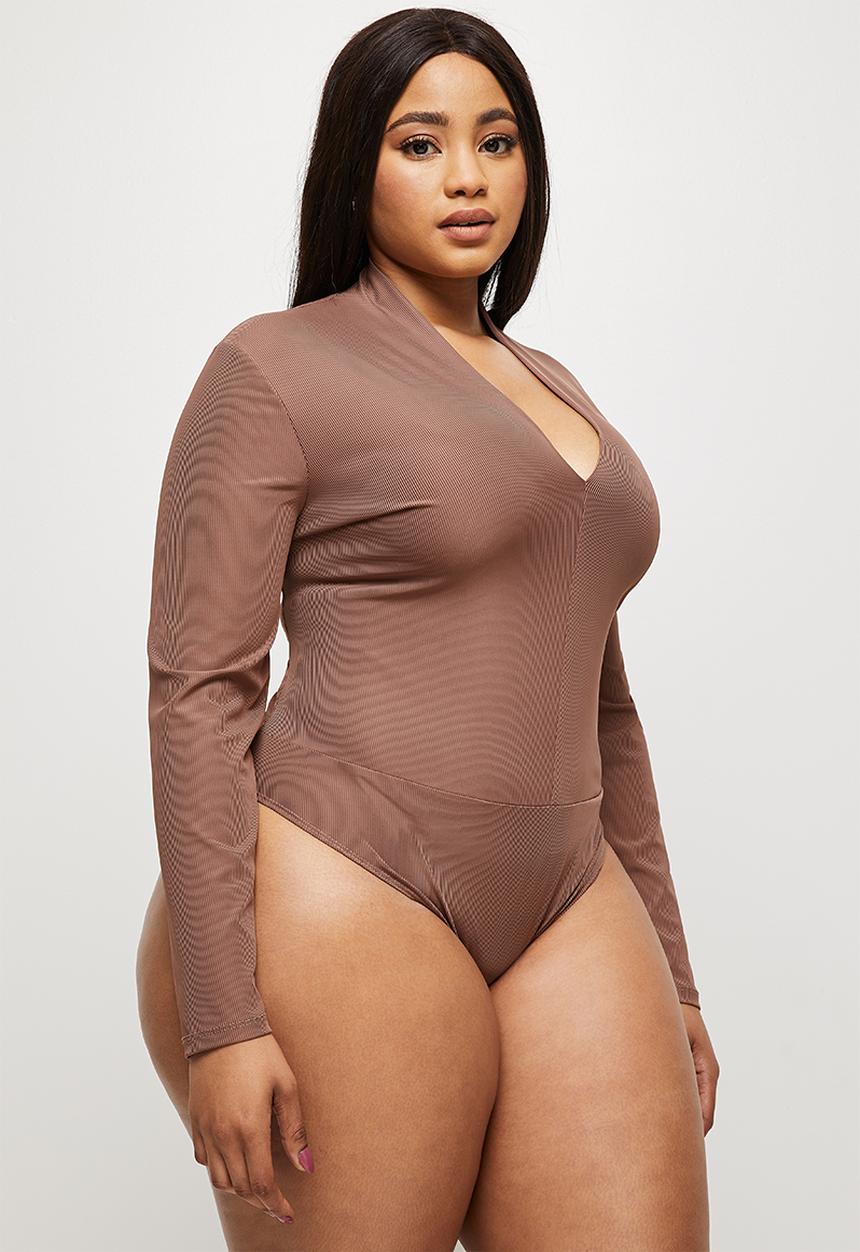 MILLA - Ribbed V-neck bodysuit - brown 