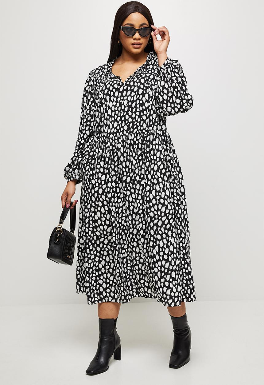 MILLA - Piecrust neck pleated midi dress - white & black