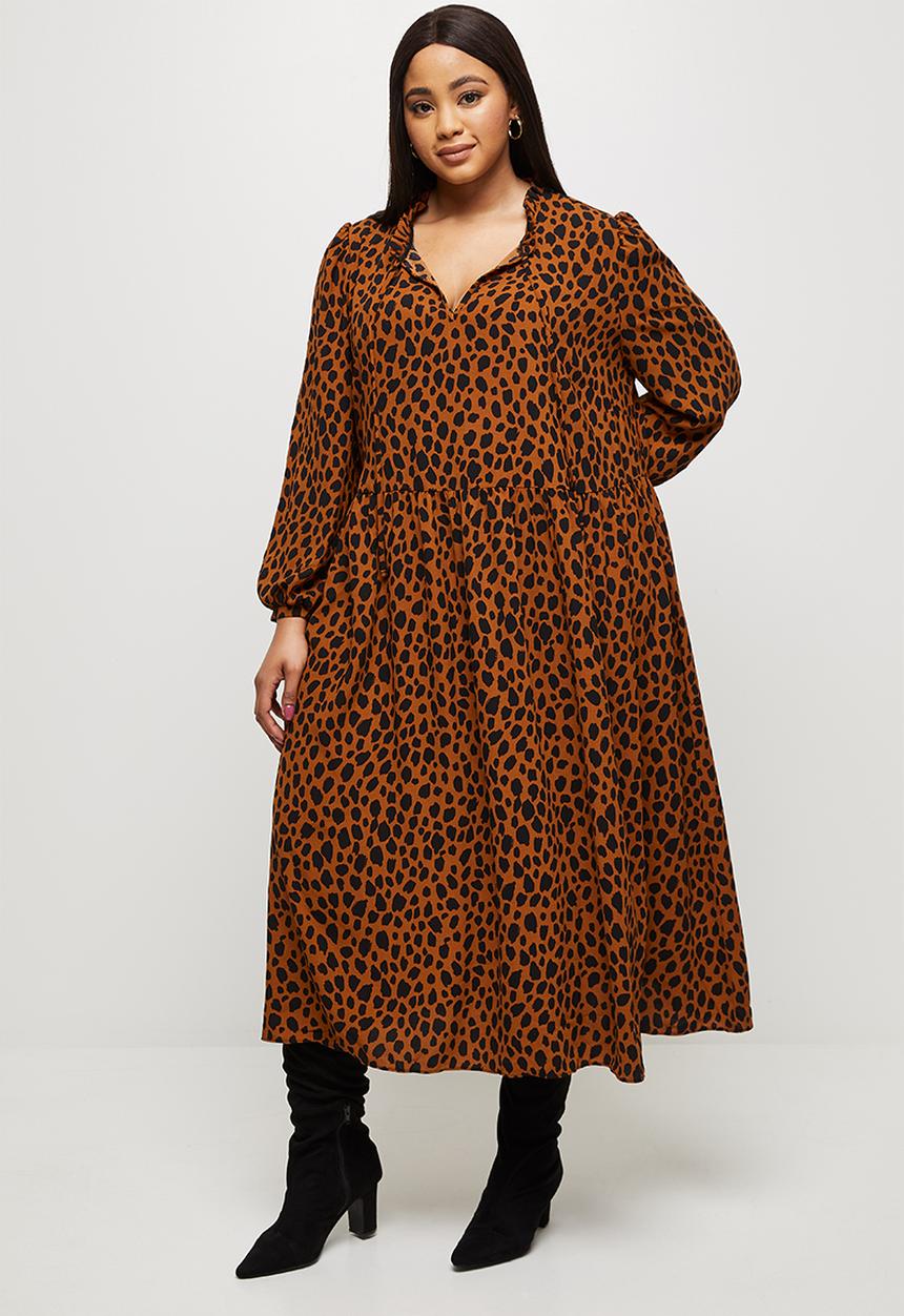 MILLA - Piecrust neck pleated midi dress - brown & black 