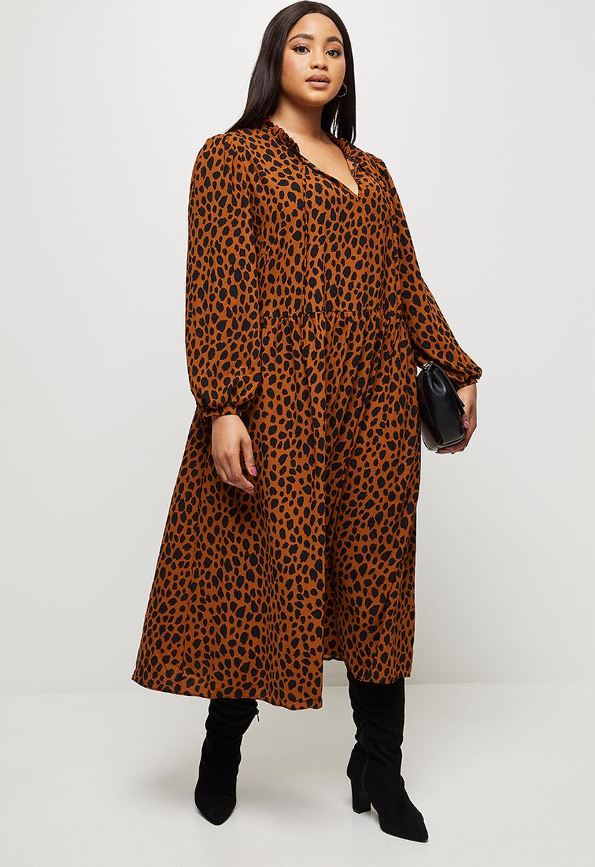 MILLA - Piecrust neck pleated midi dress - brown & black 