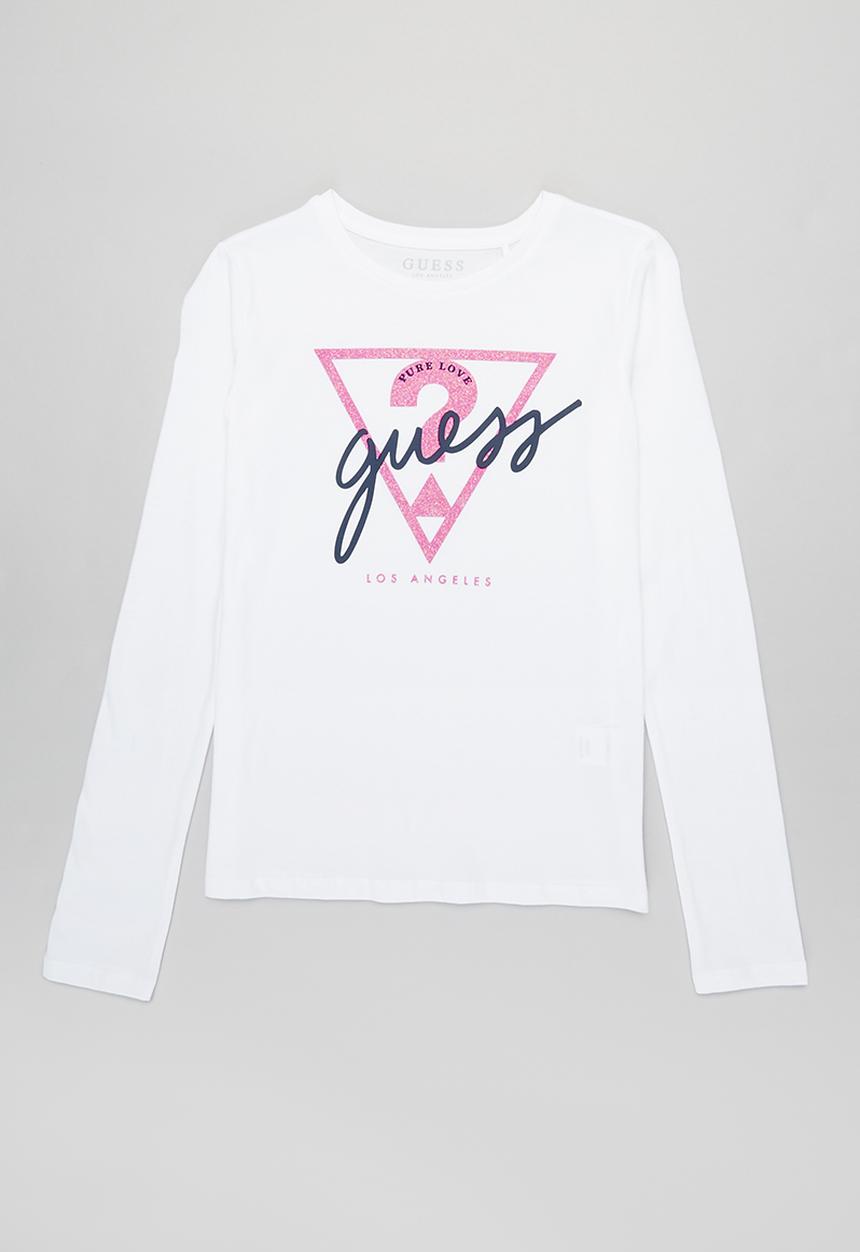 GUESS - Girls long sleeve pure love glitter tee - white