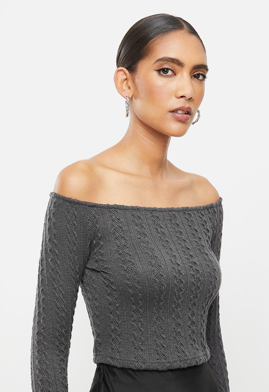 Me&B - Boat neck fitted cable knit top - grey