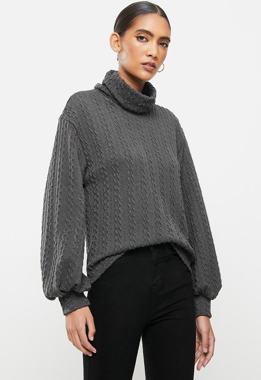 Me&B - Grey cowl neck cable knit top with bellow sleeve - grey