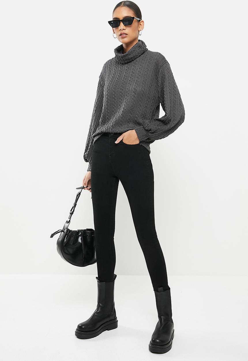 Me&B - Grey cowl neck cable knit top with bellow sleeve - grey