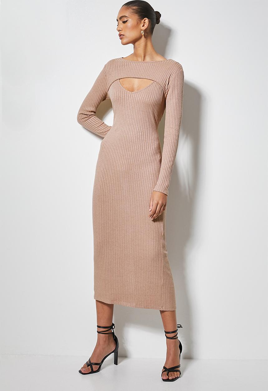 VELVET - Brushed rib cut-out column midi dress - mink