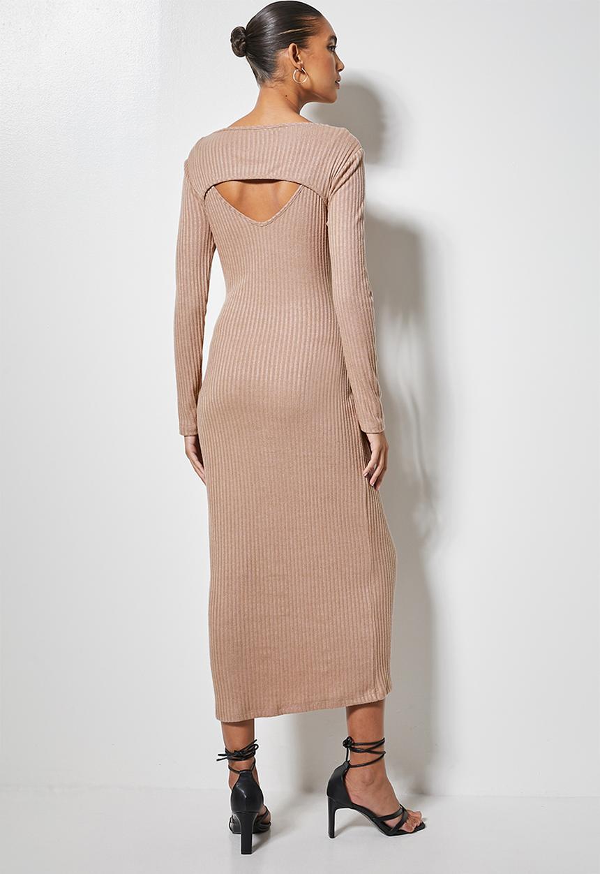 VELVET - Brushed rib cut-out column midi dress - mink