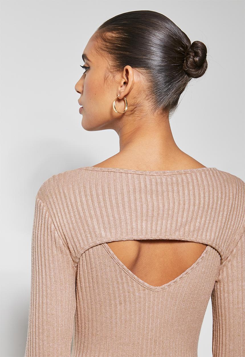 VELVET - Brushed rib cut-out column midi dress - mink