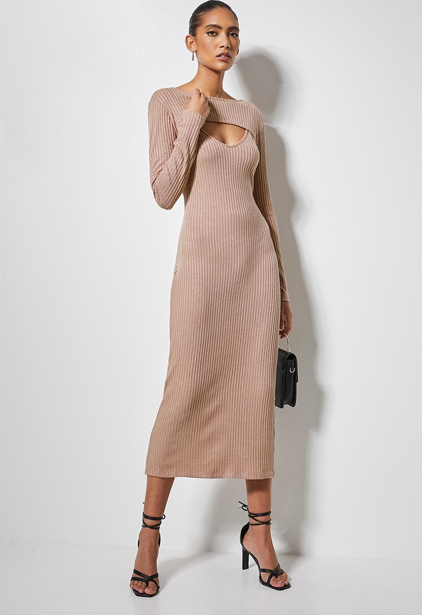 VELVET - Brushed rib cut-out column midi dress - mink