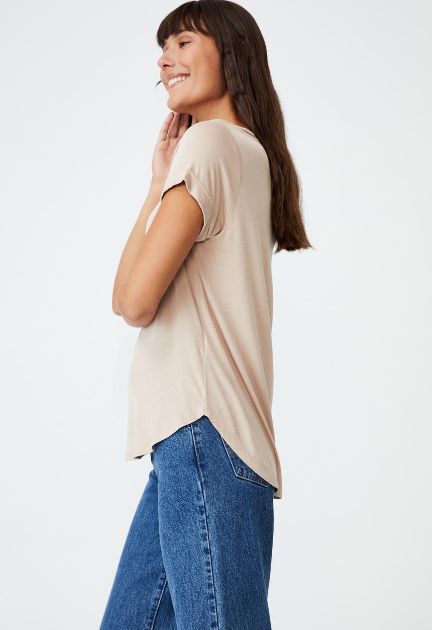 Cotton On - Karly short sleeve v neck top - latte