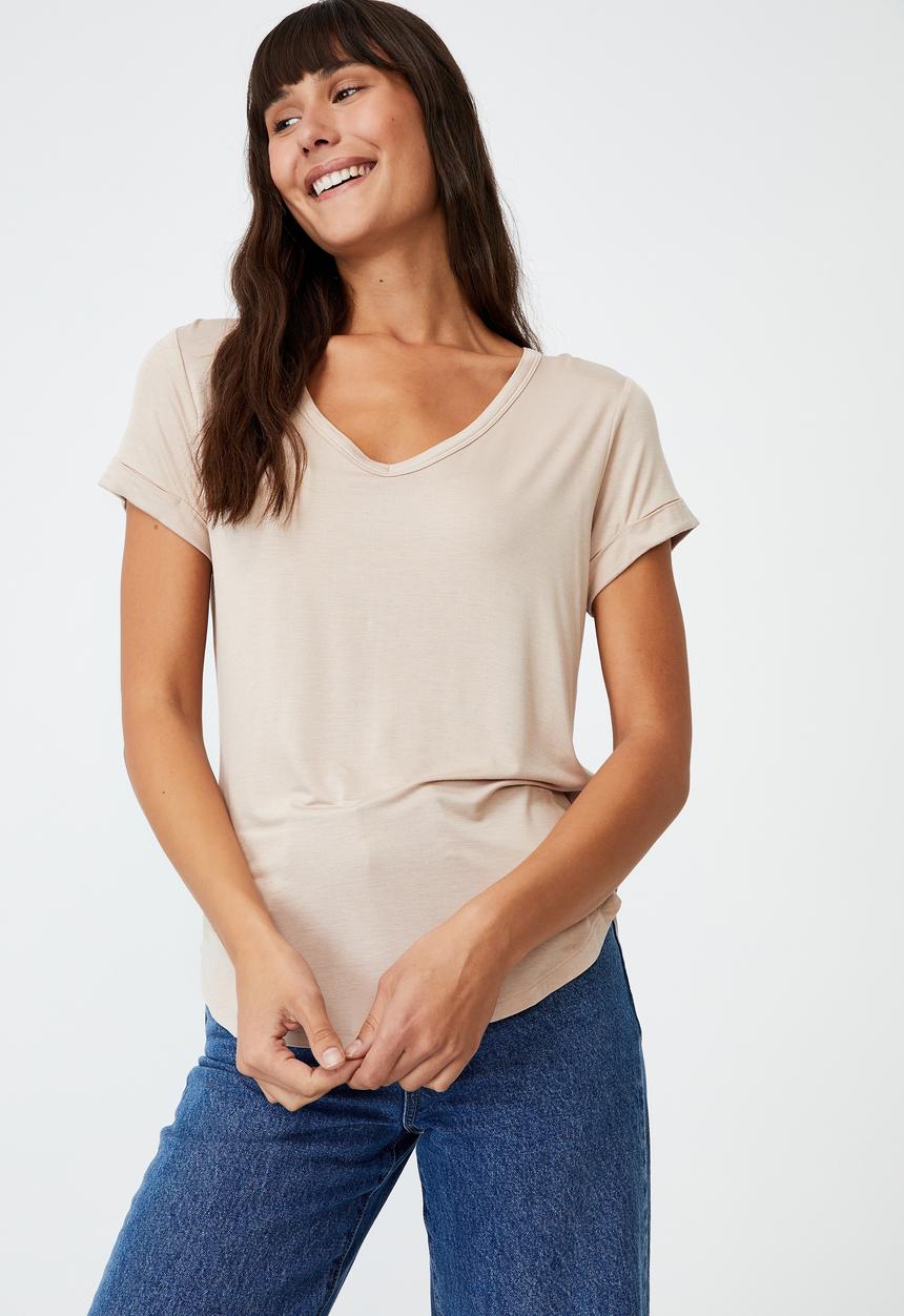 Cotton On - Karly short sleeve v neck top - latte