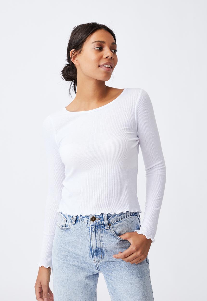 Cotton On - Rib crew neck long sleeve top - white