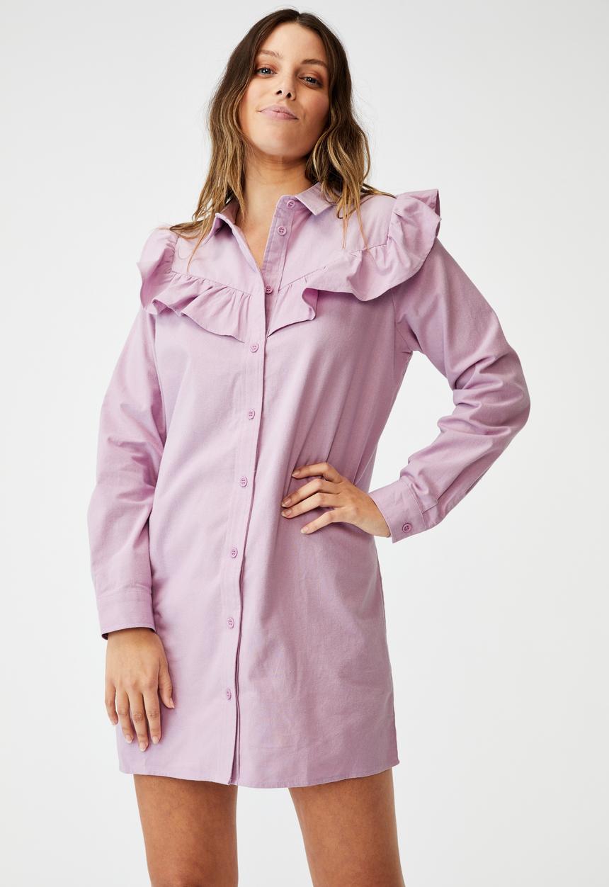 Cotton On - Woven jade long sleeve ruffle shirt mini dress - soft mauve
