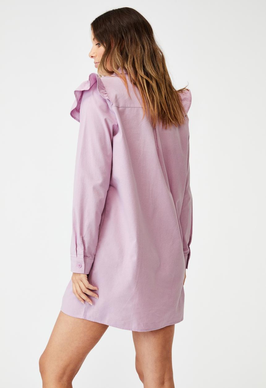 Cotton On - Woven jade long sleeve ruffle shirt mini dress - soft mauve