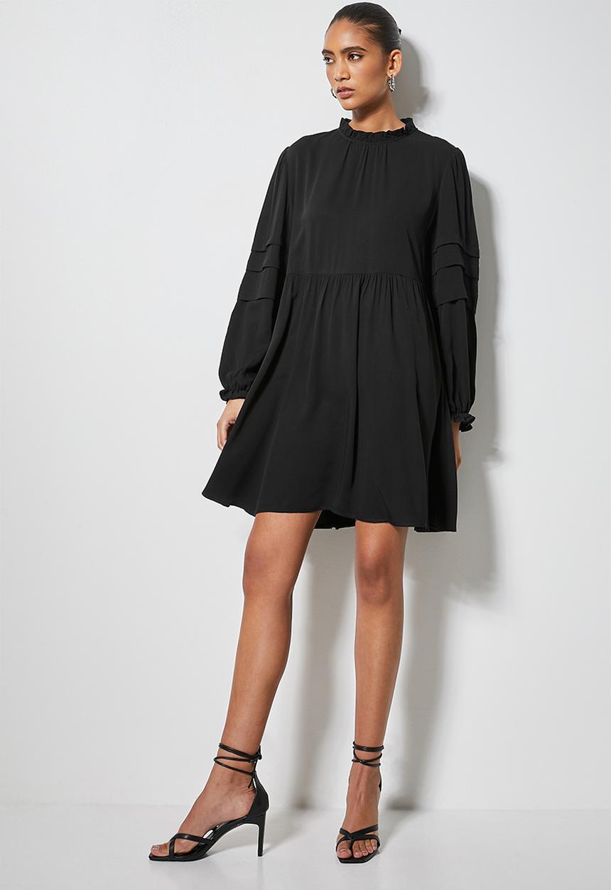 VELVET - Peached pintuck babydoll dress with pie crust neckline - black