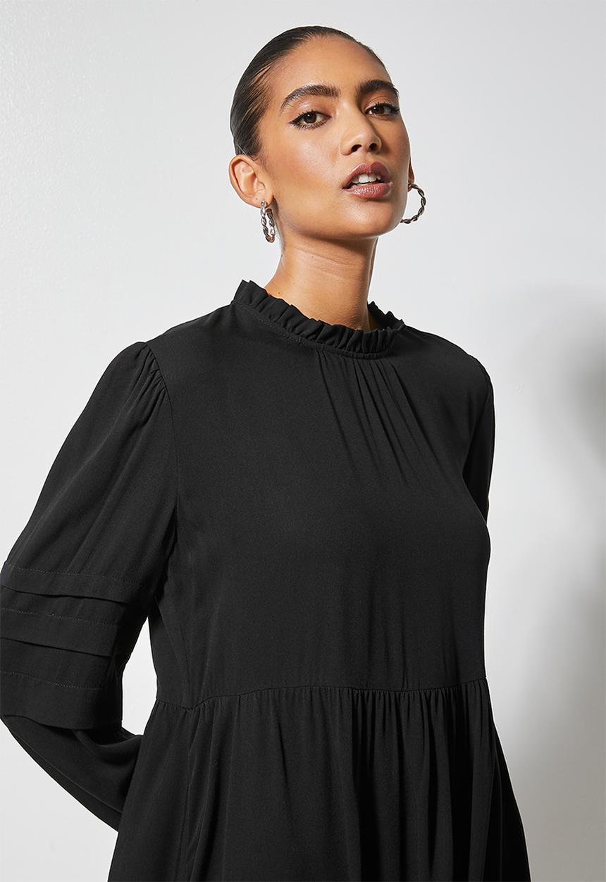 VELVET - Peached pintuck babydoll dress with pie crust neckline - black