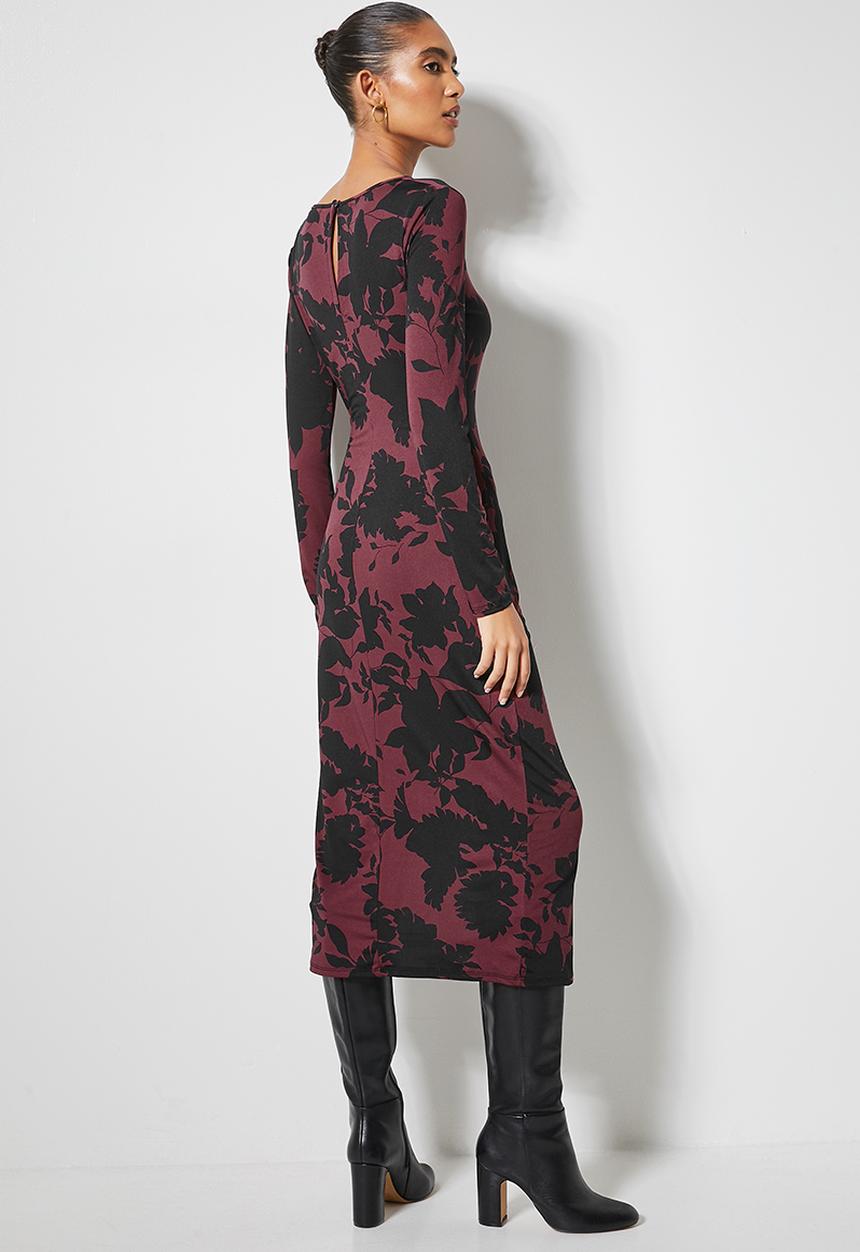 VELVET - Drawstring side ruched knit dress - black floral