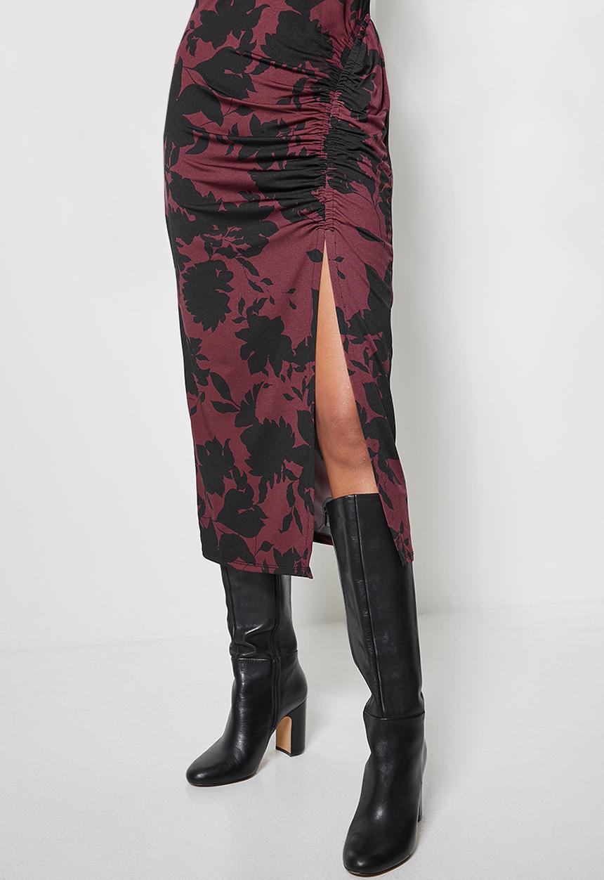 VELVET - Drawstring side ruched knit dress - black floral