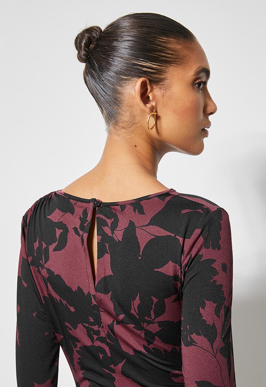 VELVET - Drawstring side ruched knit dress - black floral