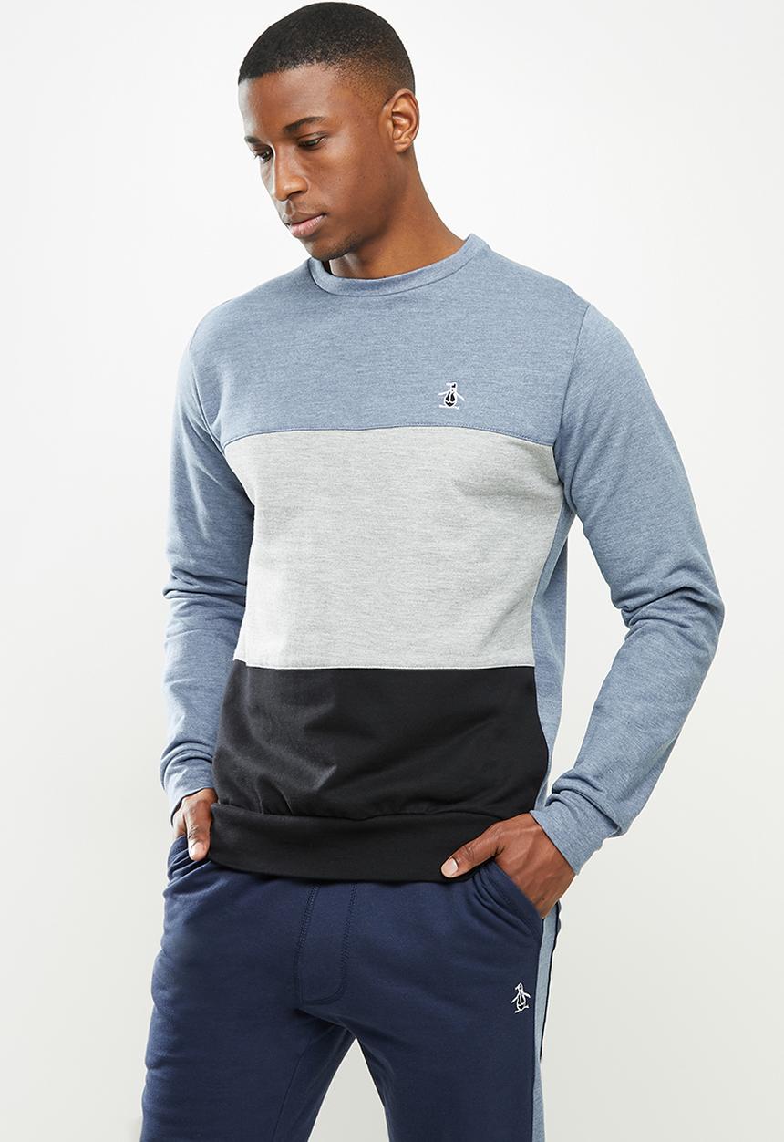 Original Penguin - Long sleeve colour block fleece crew - heather blue