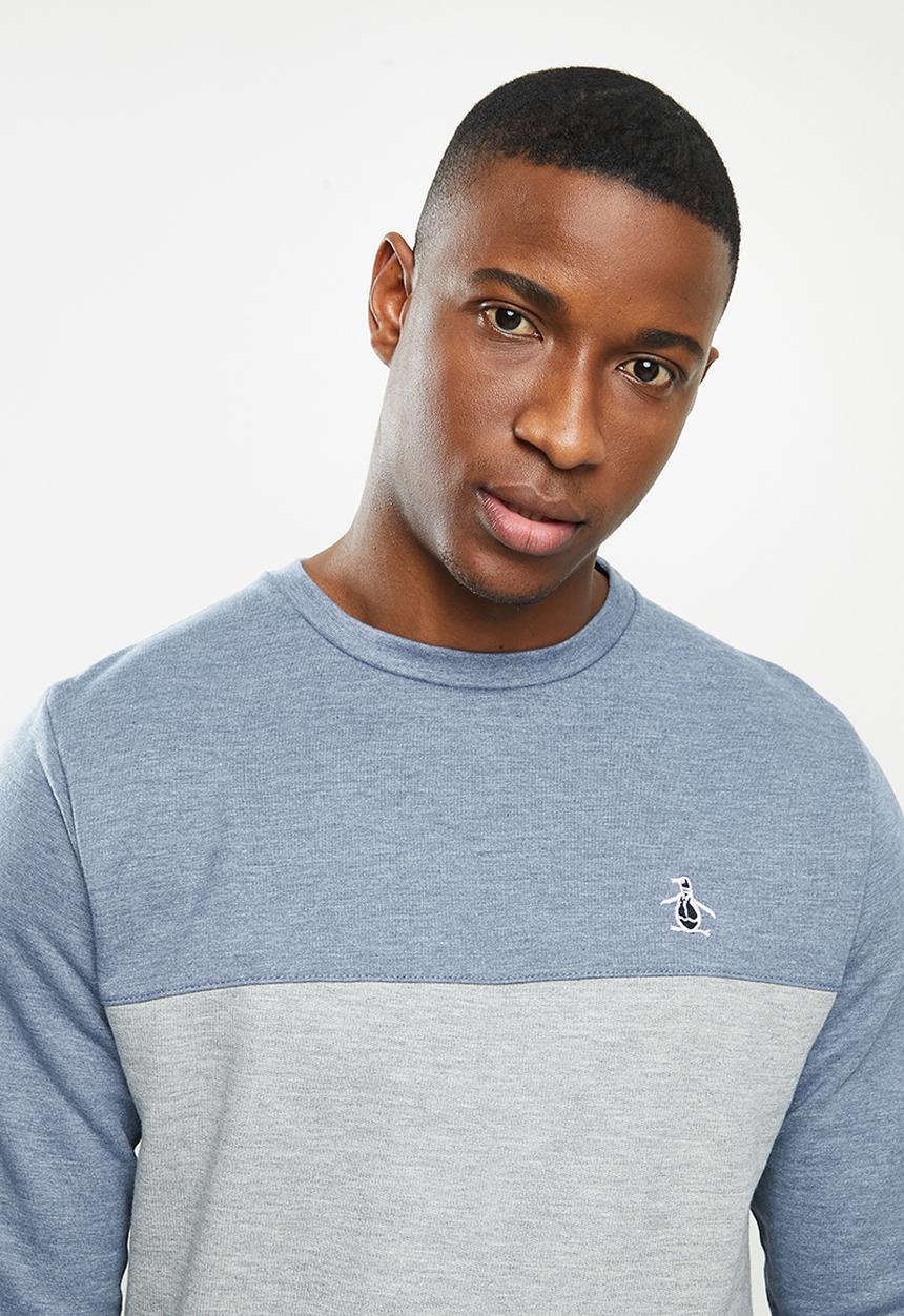 Original Penguin - Long sleeve colour block fleece crew - heather blue