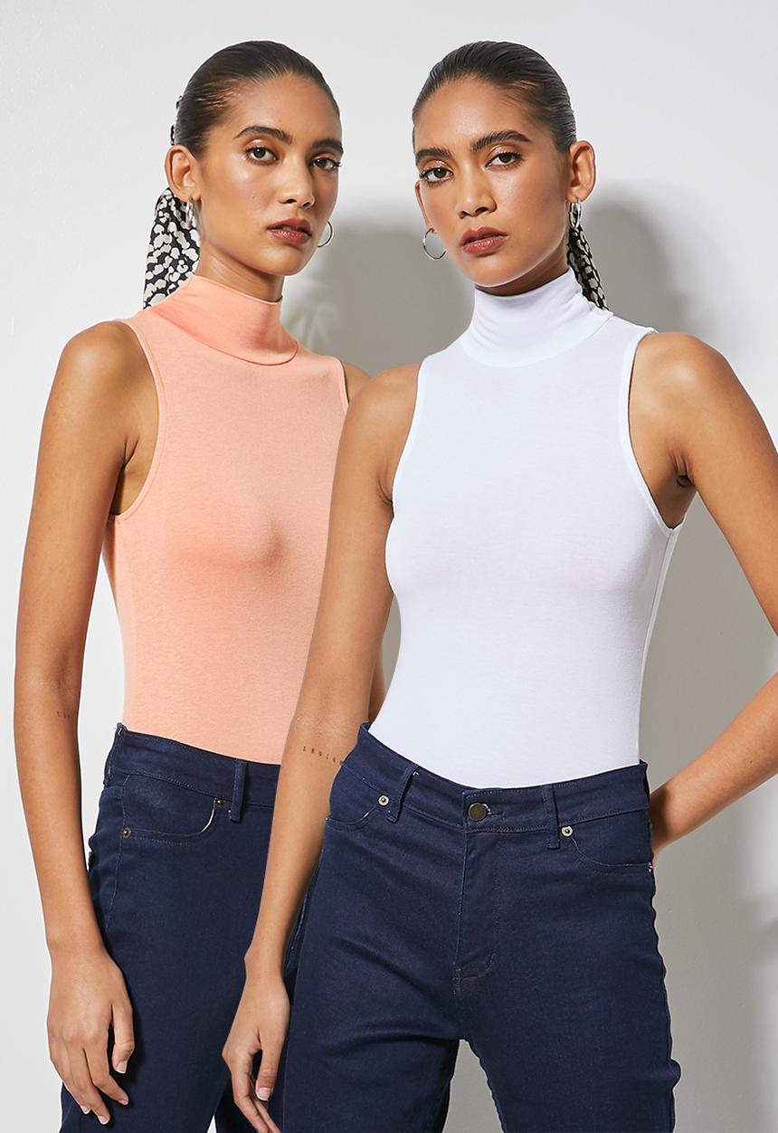 Superbalist - 2 Pack sleeveless poloneck bodysuit  - peach & white