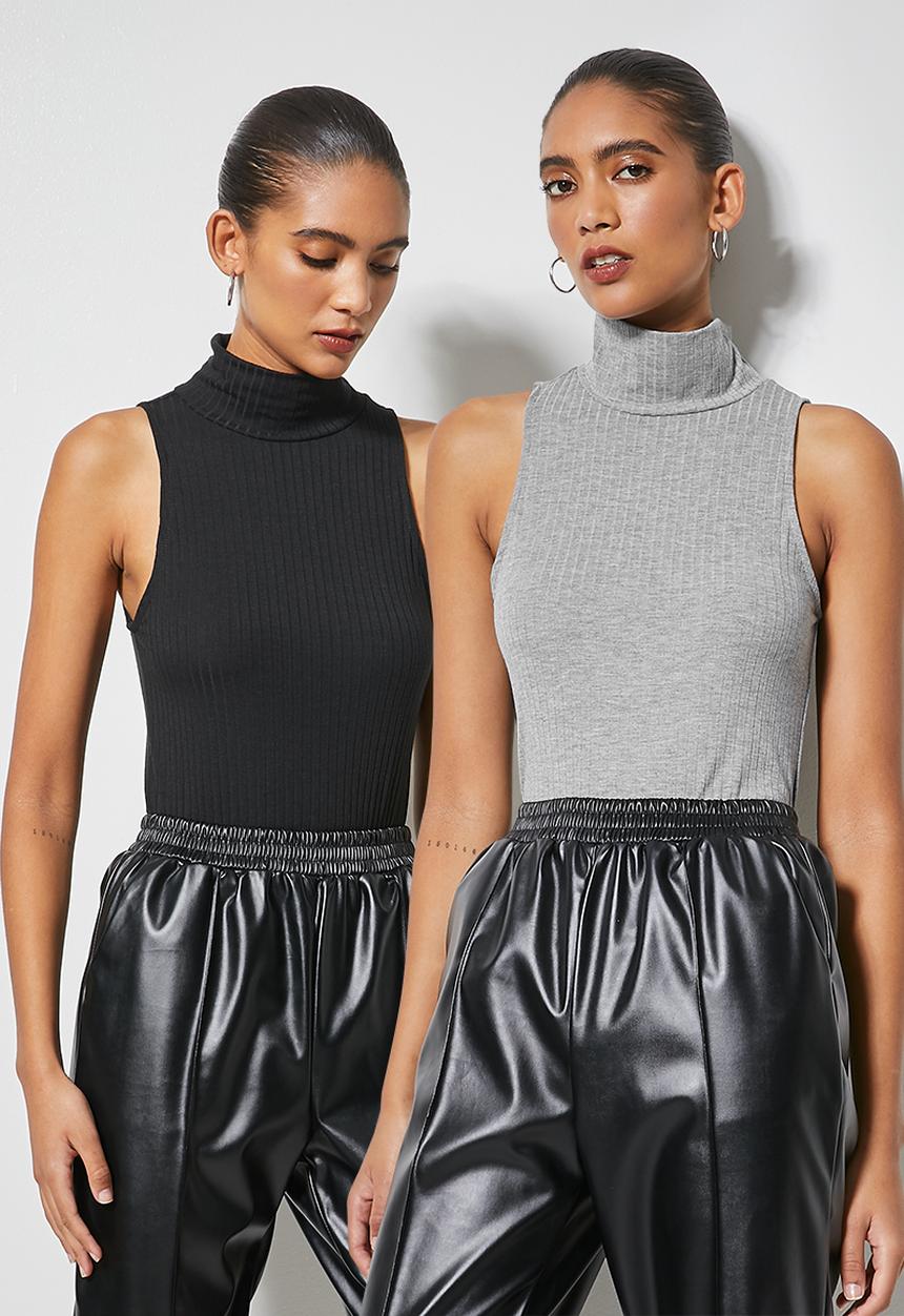 Superbalist - 2 Pack cotton rib poloneck bodysuit - black & grey melange