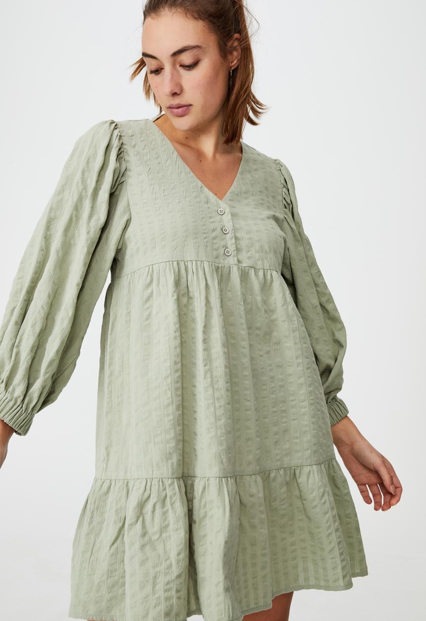Cotton On - Woven zerha long sleeve smock mini dress - sage