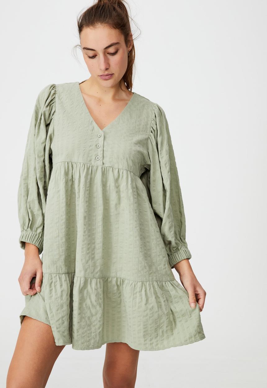 Cotton On - Woven zerha long sleeve smock mini dress - sage