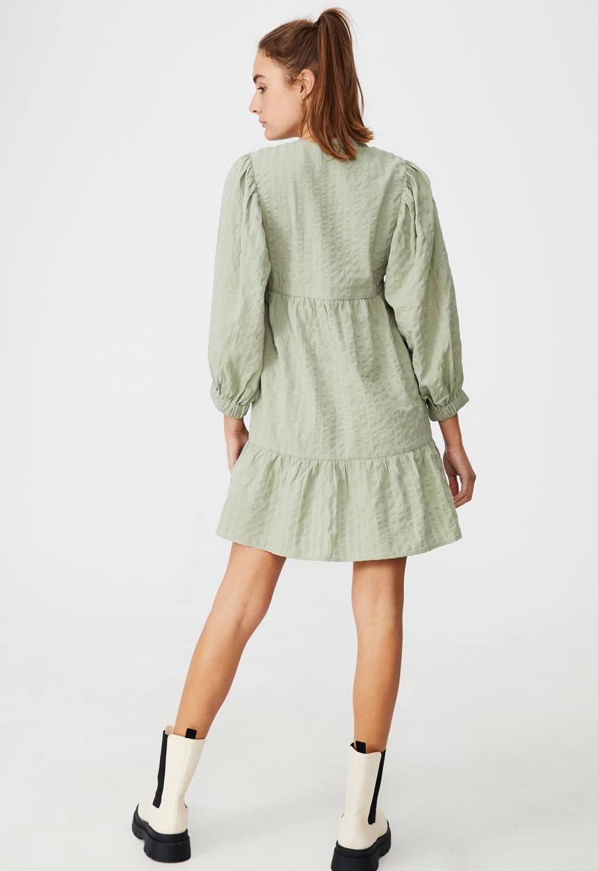 Cotton On - Woven zerha long sleeve smock mini dress - sage
