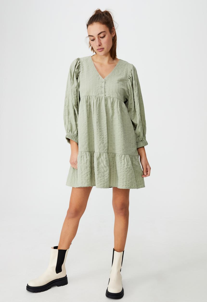 Cotton On - Woven zerha long sleeve smock mini dress - sage